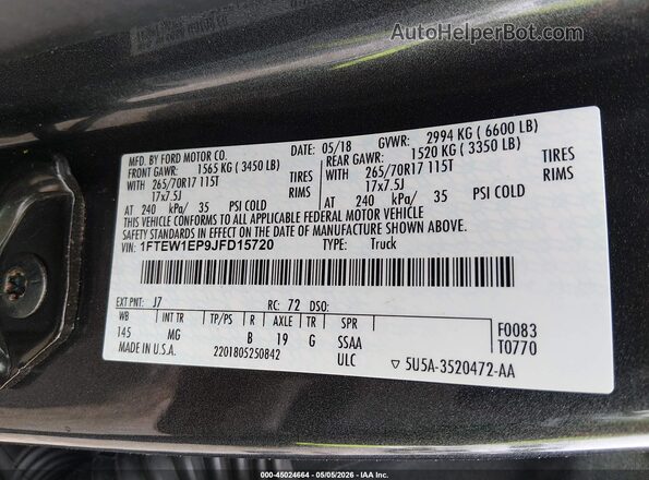 1FTEW1EP9JFD15720 2018 FORD F150 Gray Շարժիչի բաժամունքի տեսք