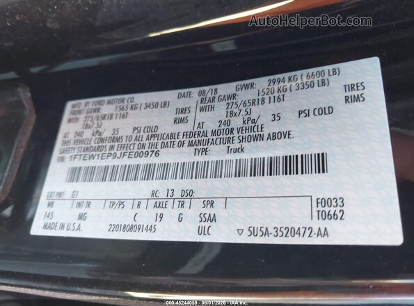 1FTEW1EP9JFE00976 2018 FORD F150 Black 