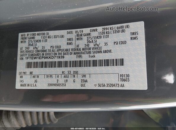 1FTEW1EP9KKD71939 2019 FORD F150 Gray Շարժիչի բաժամունքի տեսք