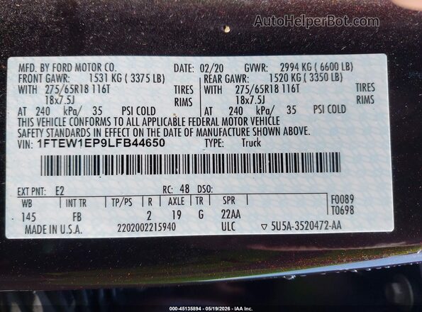 1FTEW1EP9LFB44650 2020 FORD F150 Black Vista del compartimento del motor
