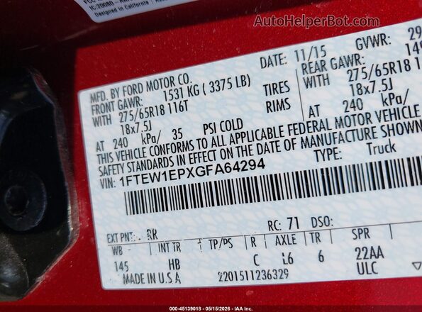 1FTEW1EPXGFA64294 2016 FORD F150 Red Engine compartment view