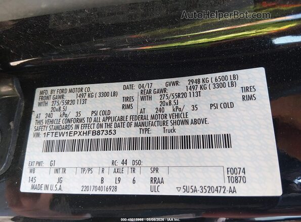 1FTEW1EPXHFB87353 2017 FORD F150 Black Widok komory silnika