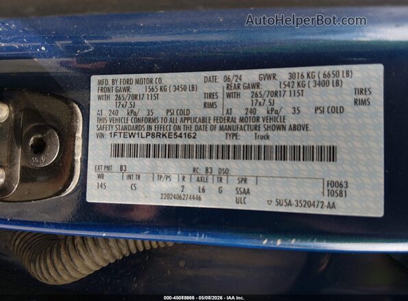 1FTEW1LP8RKE54162 2024 FORD F150 Blue Engine compartment view
