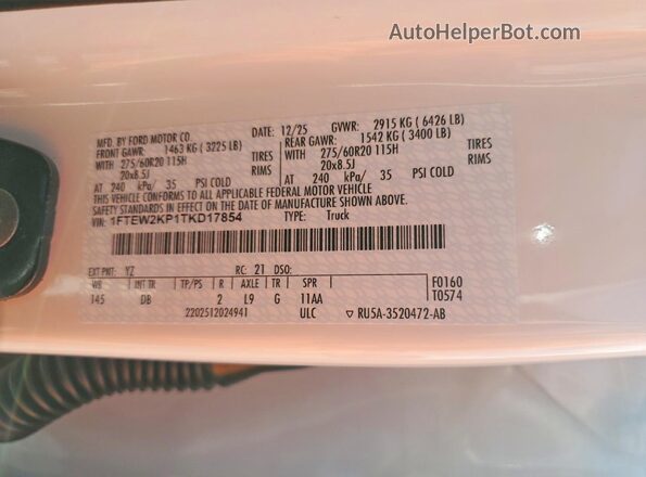 1FTEW2KP1TKD17854 2026 FORD F150 White Вид наклейки з VIN-кодом