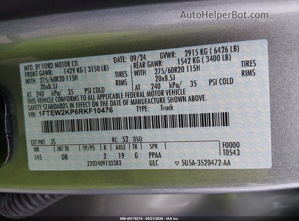 1FTEW2KP6RKF10476 2024 FORD F150 Серый Вид подкапотного пространства
