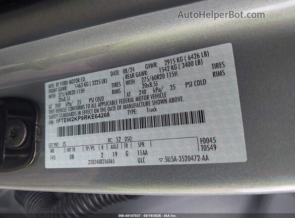 1FTEW2KP9RKE64268 2024 FORD F150 Gray Вид підкапотного простору