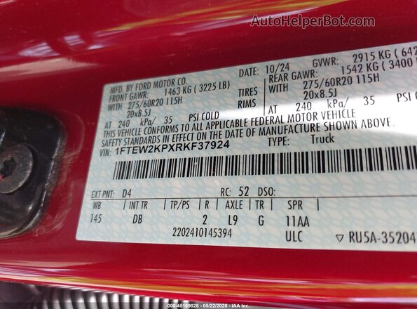 1FTEW2KPXRKF37924 2024 FORD F150 Red Vista del compartimento del motor