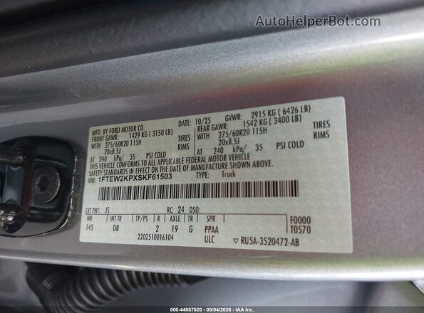 1FTEW2KPXSKF61503 2025 FORD F150 Silver Вид підкапотного простору