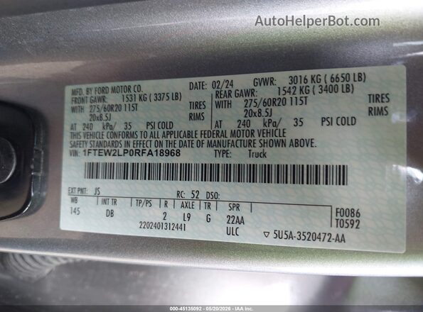 1FTEW2LP0RFA18968 2024 FORD F150 Silver Widok komory silnika