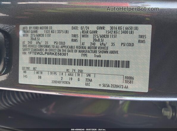 1FTEW2LP8RKE58301 2024 FORD F150 Gray Շարժիչի բաժամունքի տեսք