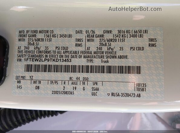 1FTEW2LP9TKD13453 2026 FORD F150 White Շարժիչի բաժամունքի տեսք