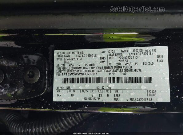1FTEW3K52SFC76887 2025 FORD F150 Black Engine compartment view
