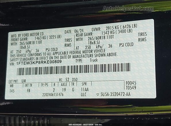 1FTEW3KP8RKE00809 2024 FORD F150 Black Շարժիչի բաժամունքի տեսք