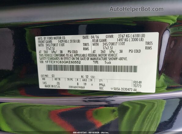 1FTEX1C83GKE60552 2016 FORD F150 Черный Вид подкапотного пространства
