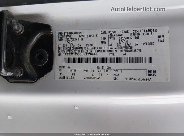 1FTEX1CB8LKE26449 2020 FORD F150 White ძრავის განყოფილების ხედი