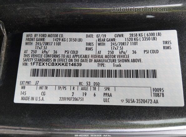 1FTEX1CBXKKE14639 2019 FORD F150 Gray ძრავის განყოფილების ხედი