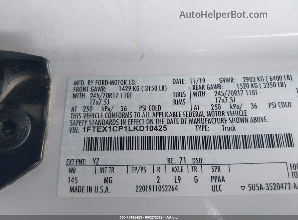 1FTEX1CP1LKD10425 2020 FORD F150 White Вид підкапотного простору