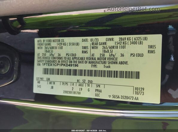 1FTEX1CP1PKD49196 2023 FORD F150 Black Vista del compartimento del motor