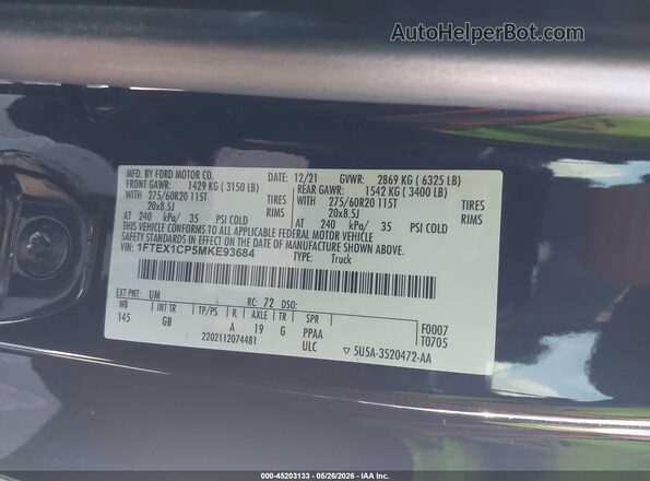 1FTEX1CP5MKE93684 2021 FORD F150 Black Widok komory silnika