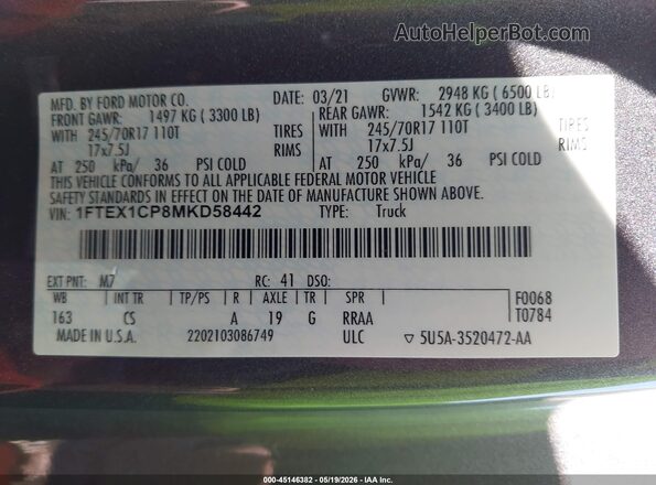 1FTEX1CP8MKD58442 2021 FORD F150 Gray Engine compartment view