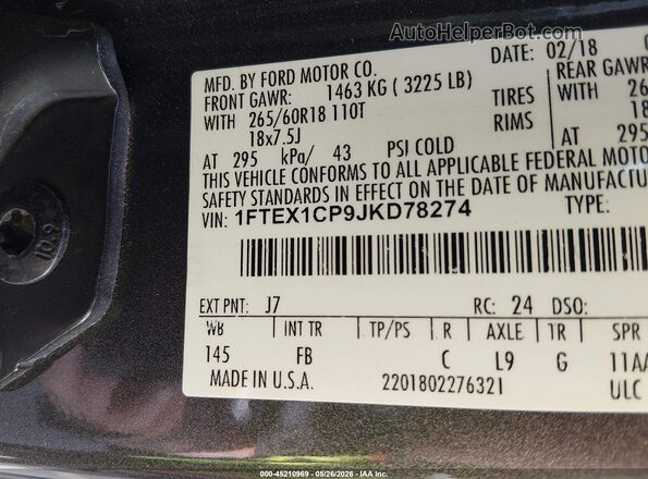 1FTEX1CP9JKD78274 2018 FORD F150 Gray Vista del compartimento del motor