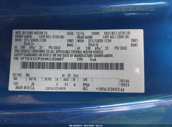 1FTEX1CPXHKC53987 2017 FORD F150 Blue Engine compartment view