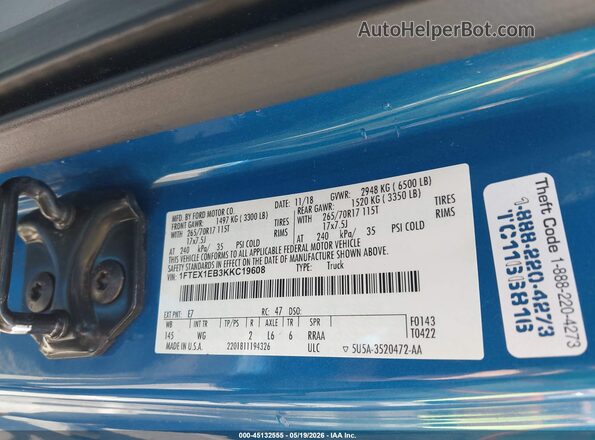1FTEX1EB3KKC19608 2019 FORD F150 Blue ძრავის განყოფილების ხედი