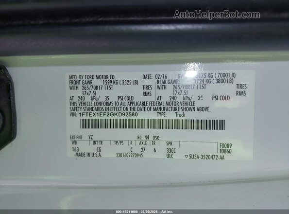 1FTEX1EF2GKD92580 2016 FORD F150 White Vista del compartimento del motor