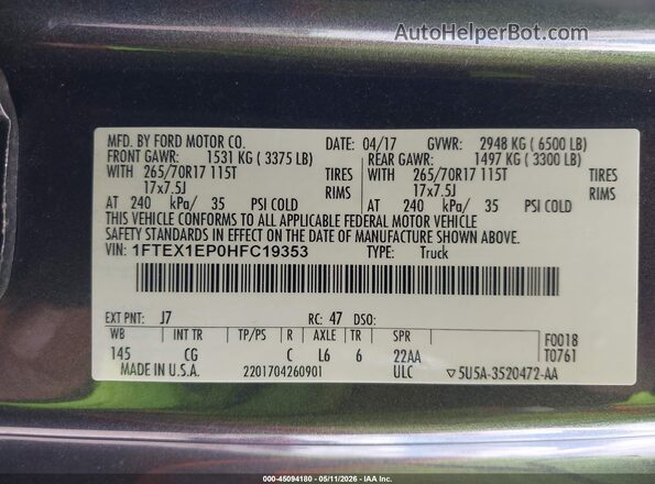 1FTEX1EP0HFC19353 2017 FORD F150 Gray Widok komory silnika