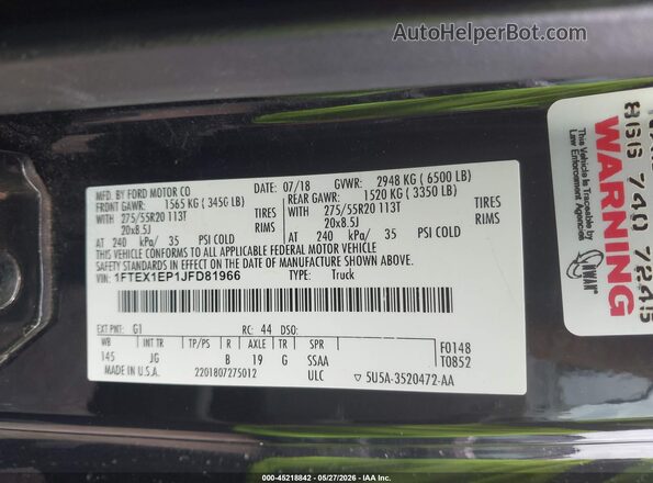 1FTEX1EP1JFD81966 2018 FORD F150 Черный 