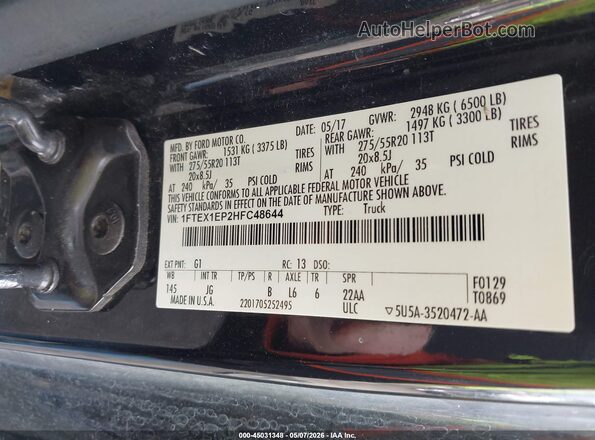 1FTEX1EP2HFC48644 2017 FORD F150 Black Engine compartment view