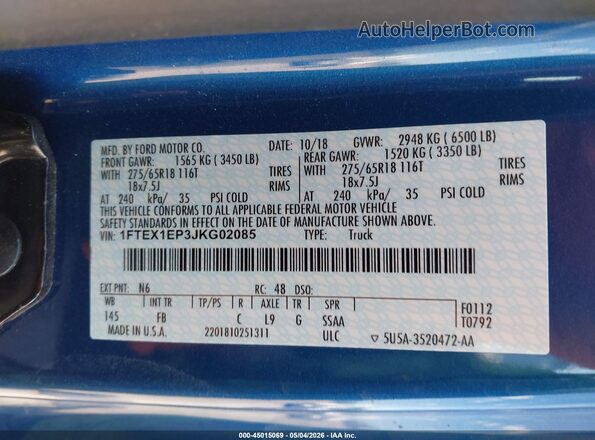 1FTEX1EP3JKG02085 2018 FORD F150 Blue 