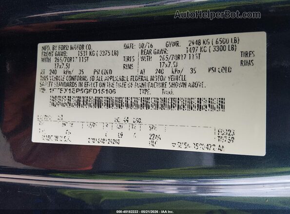 1FTEX1EP5GFD15106 2016 FORD F150 Blue Շարժիչի բաժամունքի տեսք