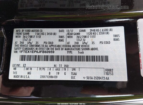 1FTEX1EP6JFB60959 2018 FORD F150 Черный 