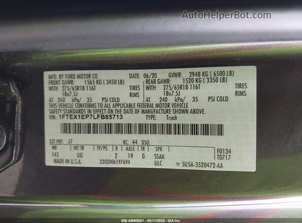 1FTEX1EP7LFB85713 2020 FORD F150 Gray Widok komory silnika