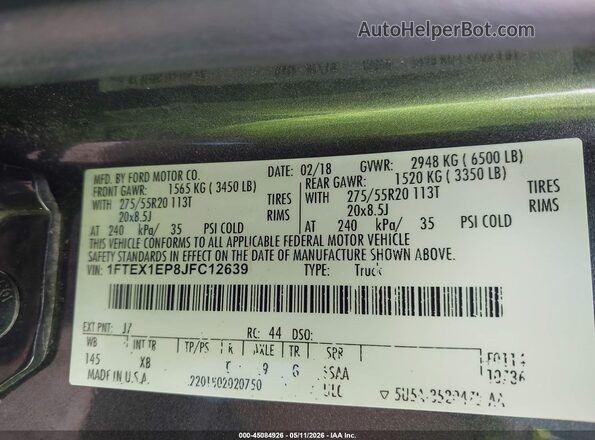 1FTEX1EP8JFC12639 2018 FORD F150 Gray Widok komory silnika