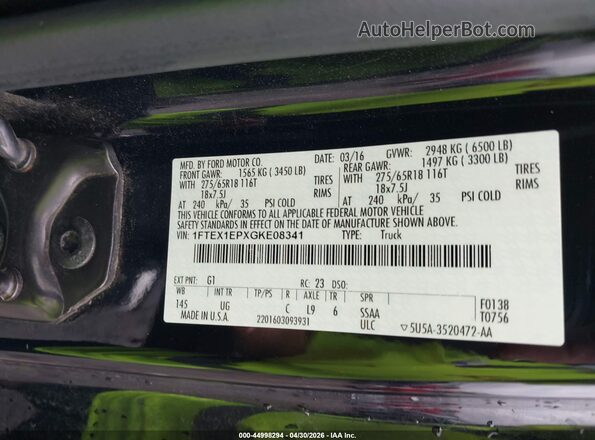 1FTEX1EPXGKE08341 2016 FORD F150 Black ძრავის განყოფილების ხედი