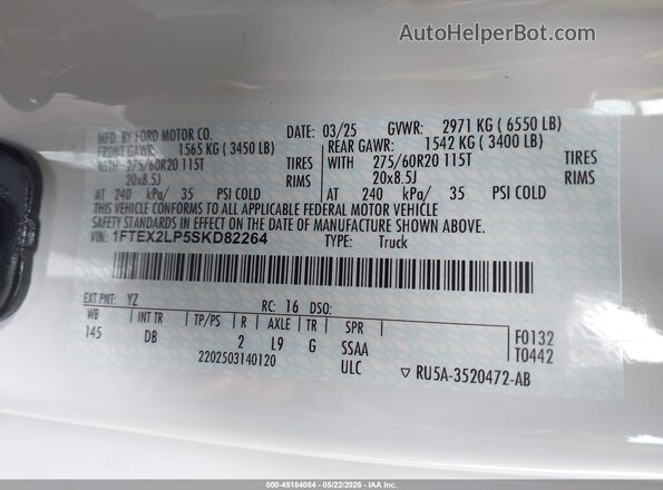 1FTEX2LP5SKD82264 2025 FORD F150 White Շարժիչի բաժամունքի տեսք