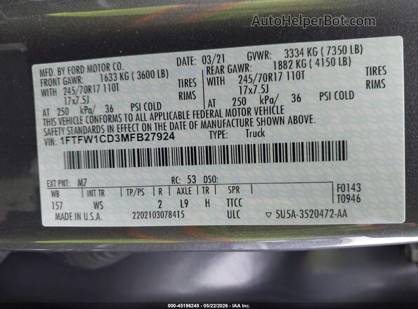 1FTFW1CD3MFB27924 2021 FORD F150 Black Вид підкапотного простору
