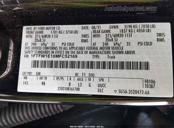 1FTFW1E10MFC52169 2021 FORD F150 Black Вид підкапотного простору