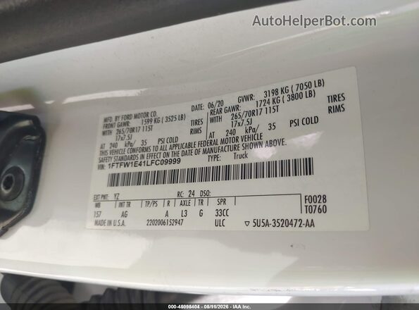 1FTFW1E41LFC09999 2020 FORD F150 White Вид підкапотного простору