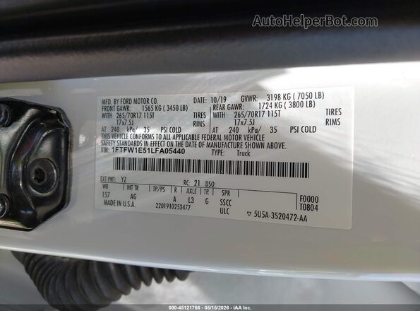 1FTFW1E51LFA05440 2020 FORD F150 White Engine compartment view