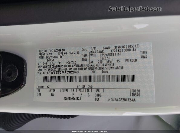 1FTFW1E52MFC82048 2021 FORD F150 White Շարժիչի բաժամունքի տեսք