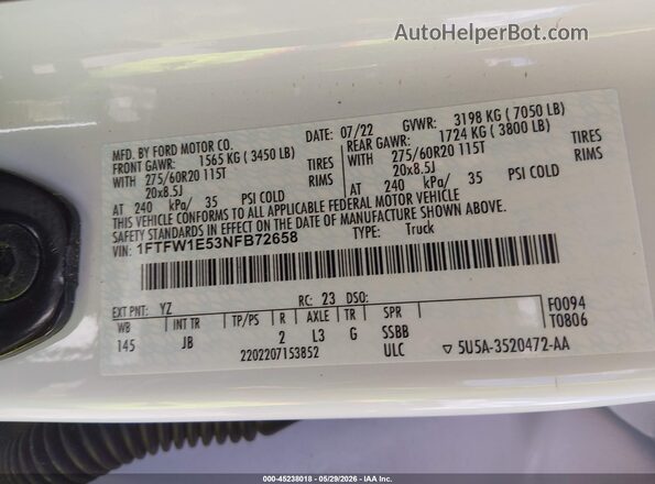 1FTFW1E53NFB72658 2022 FORD F150 White Շարժիչի բաժամունքի տեսք