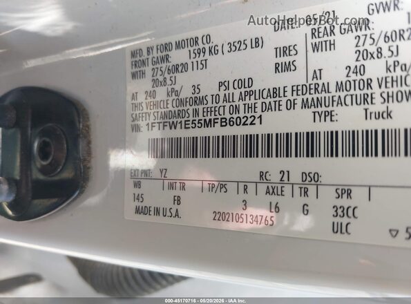 1FTFW1E55MFB60221 2021 FORD F150 White Engine compartment view