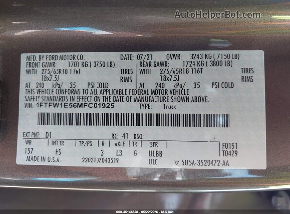 1FTFW1E56MFC01925 2021 FORD F150 Pewter Vista del compartimento del motor