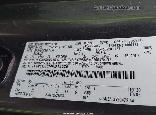 1FTFW1E80MFB13026 2021 FORD F150 Gray Շարժիչի բաժամունքի տեսք