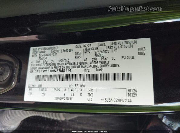 1FTFW1E80NFB58114 2022 FORD F150 Black ძრავის განყოფილების ხედი