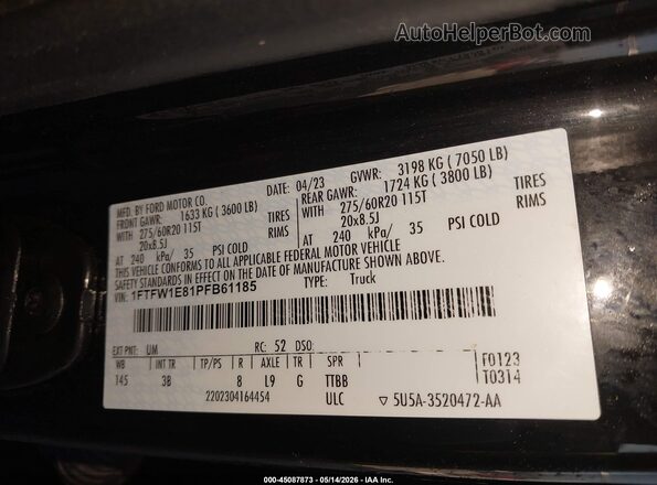 1FTFW1E81PFB61185 2023 FORD F150 Black Vista del compartimento del motor