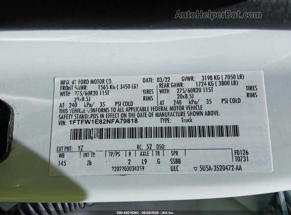 1FTFW1E82NFA79818 2022 FORD F150 Белый Вид подкапотного пространства